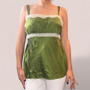 ★ The Limited Olive Green Silk Top With lace and tie in the back ★
